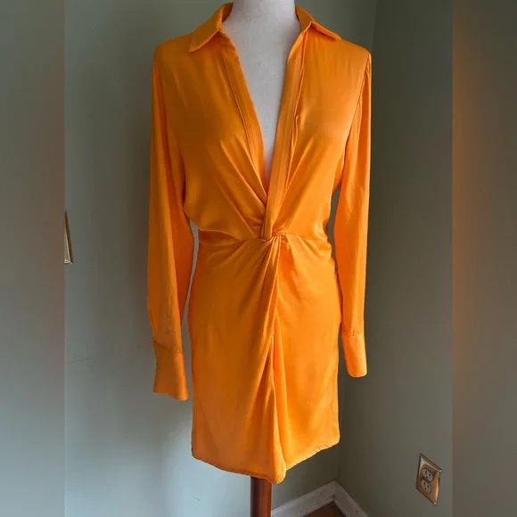 NWT Zara Orange twist satin shirt dress. Size Small. Long sleeves, deep v neck. - Picture 2 of 16